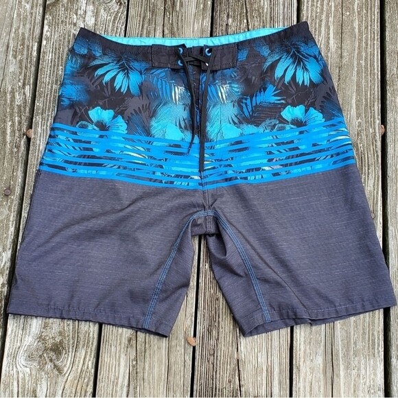 Burnside Men Sz 30 Board Shorts Swim Trunk Blue Black Drawstring Zip Pocket - Picture 1 of 9